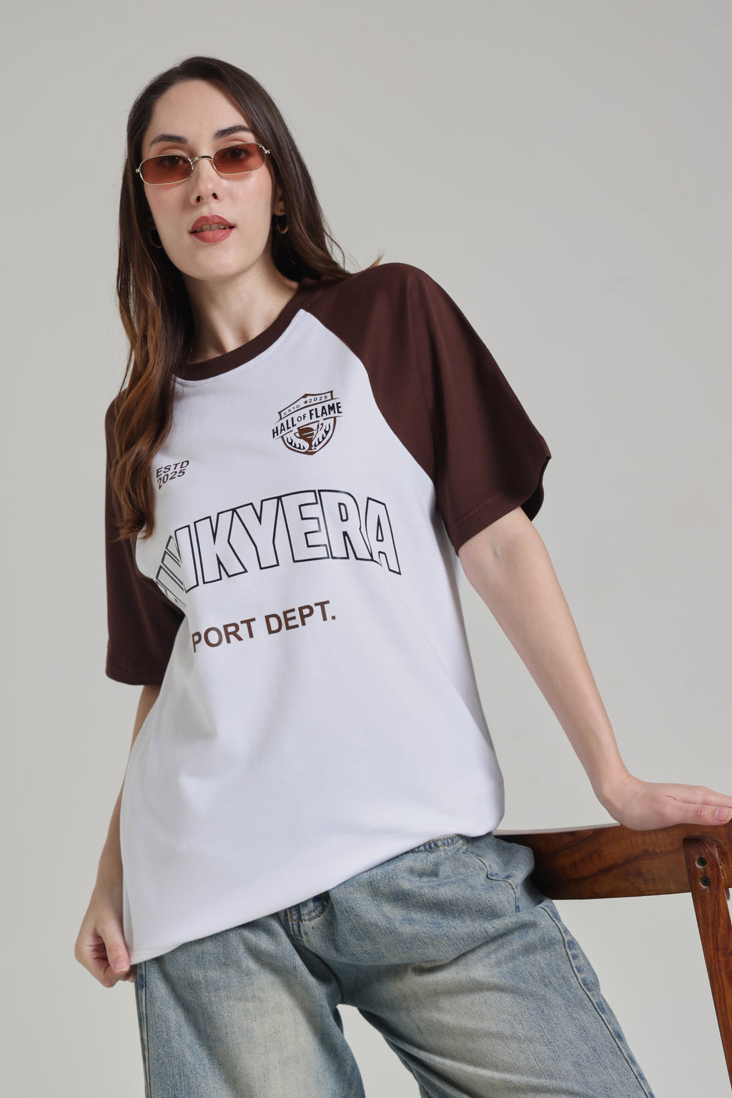 Sports Dept White and Coffee Raglan Oversized T-shirt