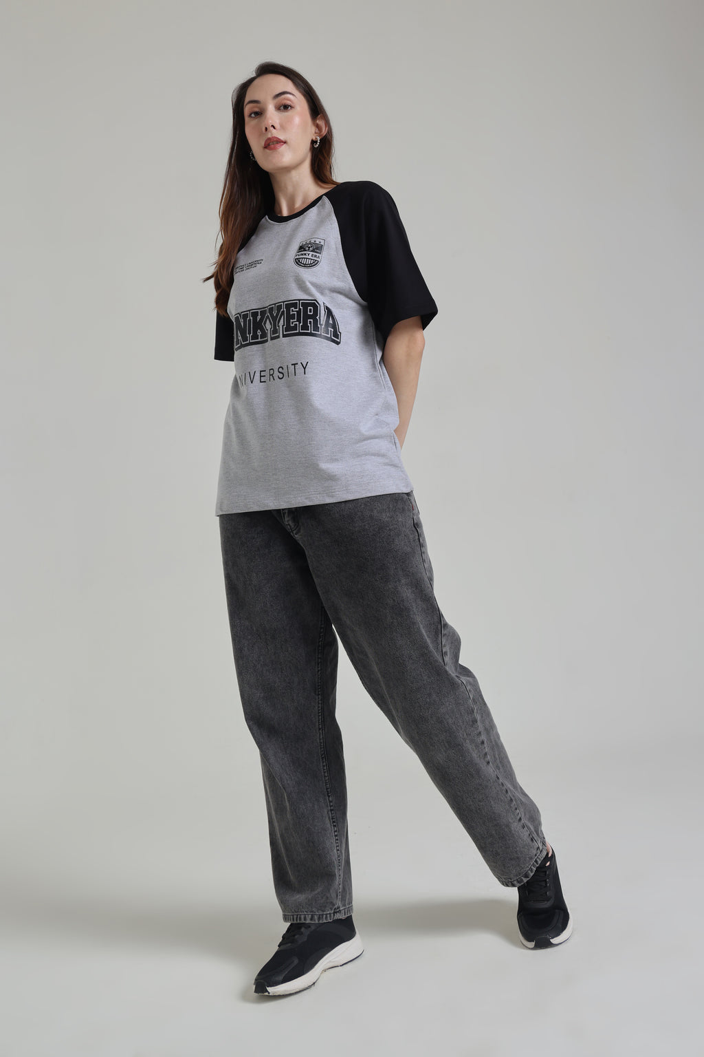Funky Era Dropout University Black and Grey Melange Raglan Oversized T-shirt