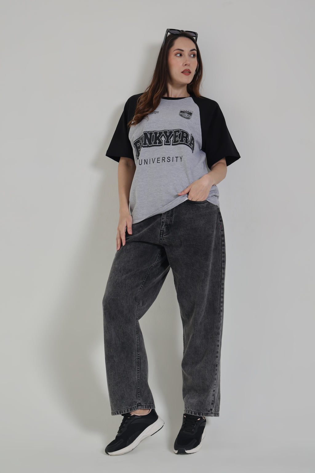 Funky Era Dropout University Black and Grey Melange Raglan Oversized T-shirt