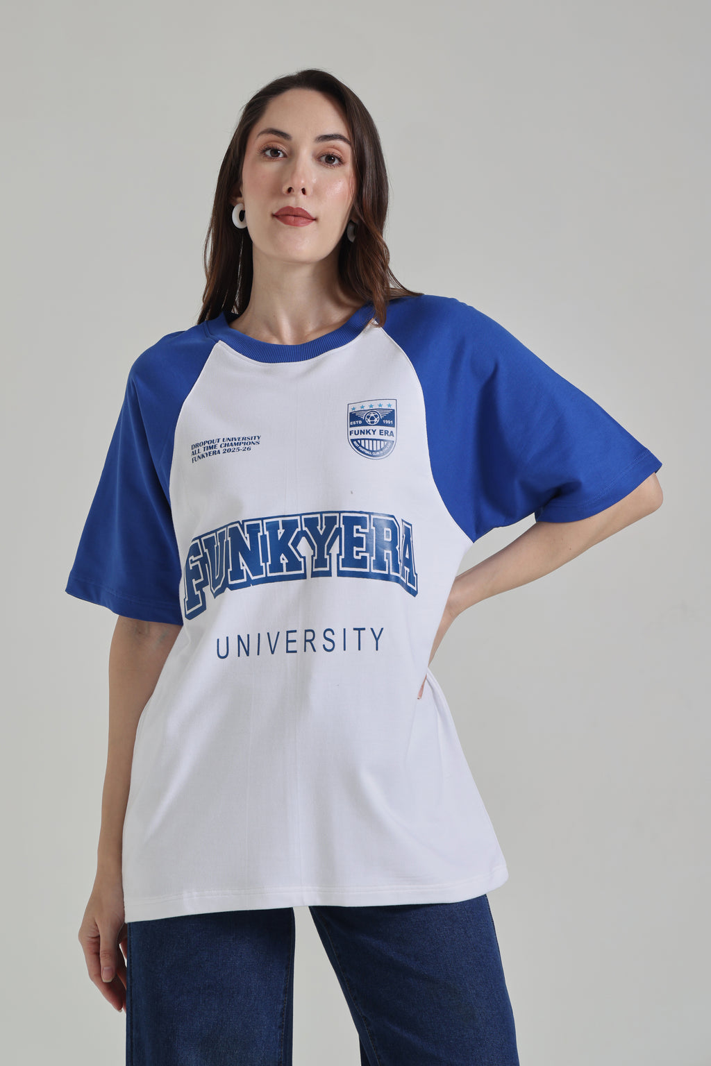 Funky Era Dropout University Royal Blue and White Raglan Oversized T-Shirt