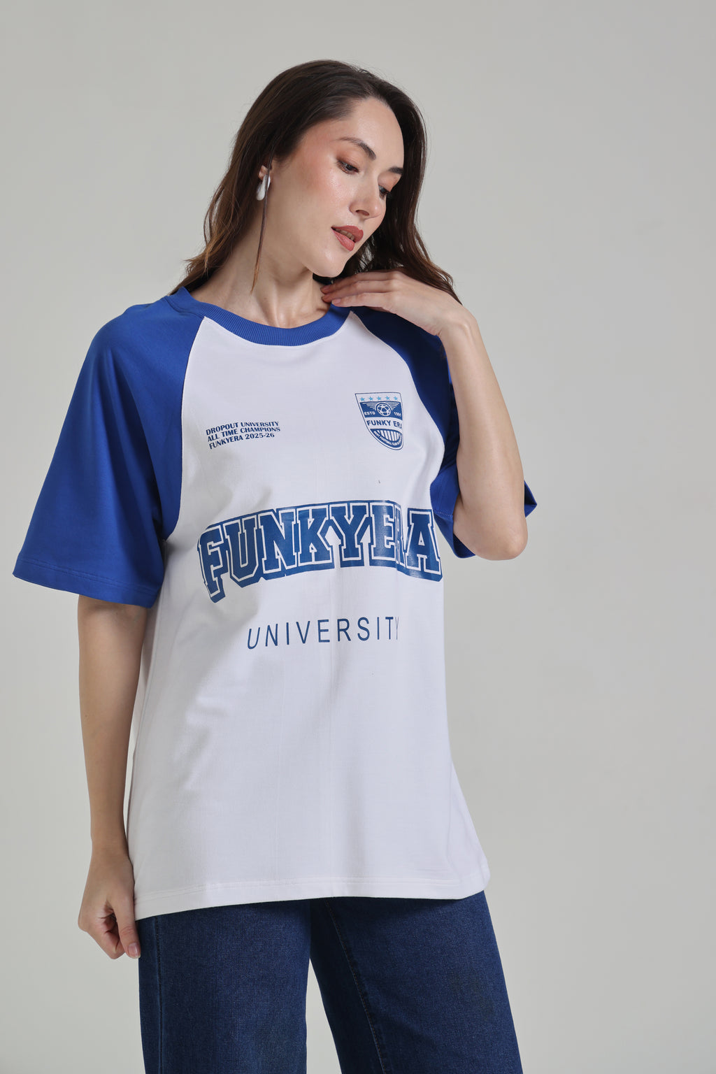 Funky Era Dropout University Royal Blue and White Raglan Oversized T-Shirt