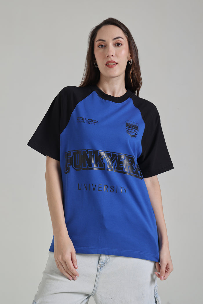 Funky Era Dropout University Black and Royal Blue Raglan Oversized T-Shirt