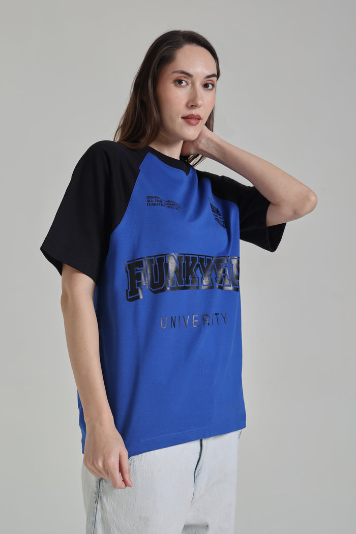 Funky Era Dropout University Black and Royal Blue Raglan Oversized T-Shirt