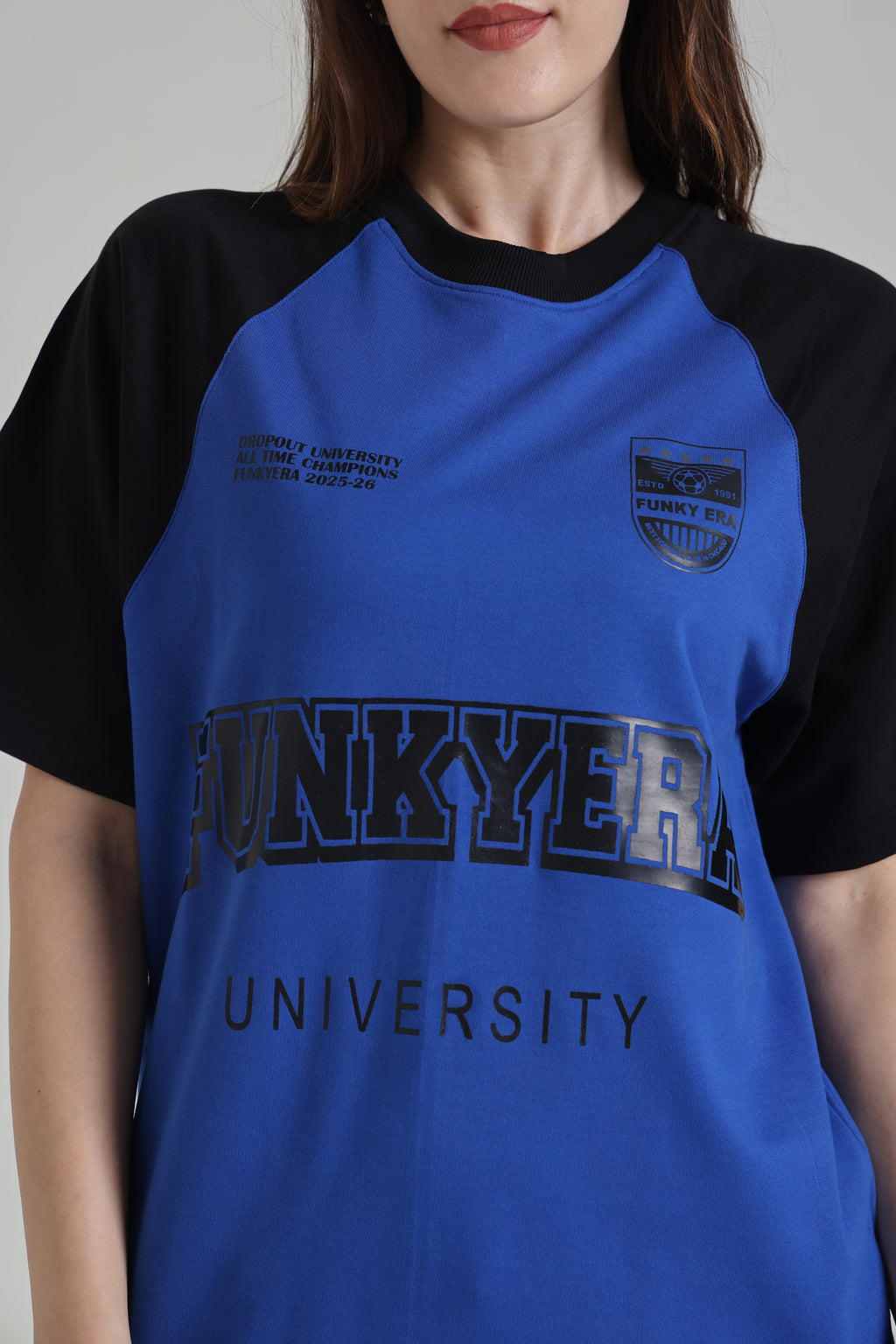 Funky Era Dropout University Black and Royal Blue Raglan Oversized T-Shirt