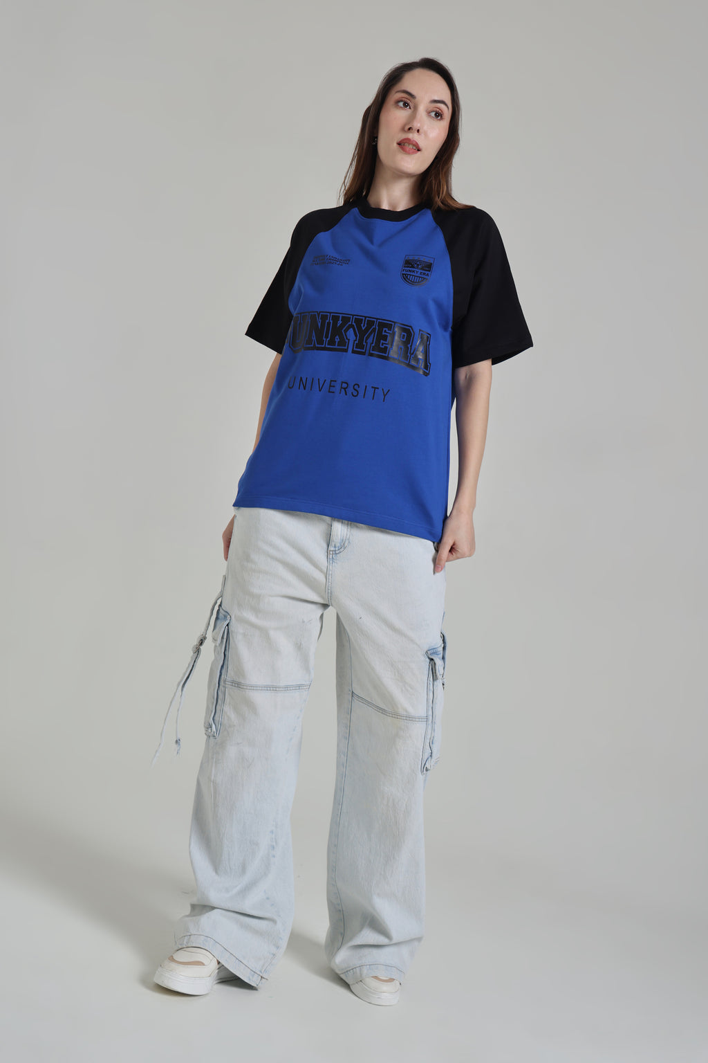 Funky Era Dropout University Black and Royal Blue Raglan Oversized T-Shirt
