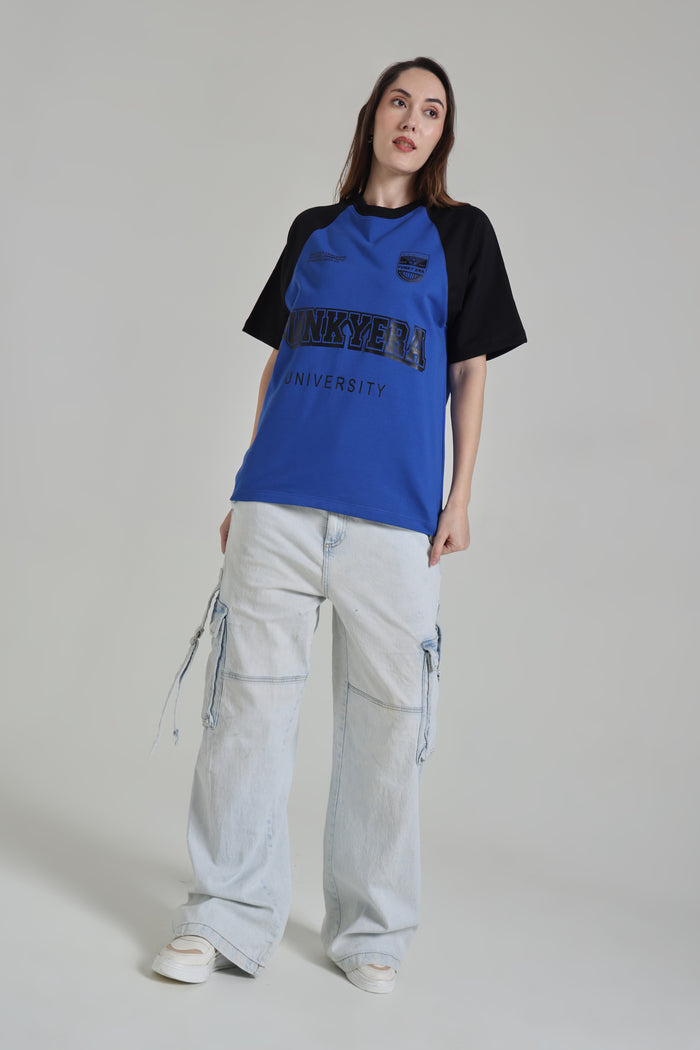 Funky Era Dropout University Black and Royal Blue Raglan Oversized T-Shirt