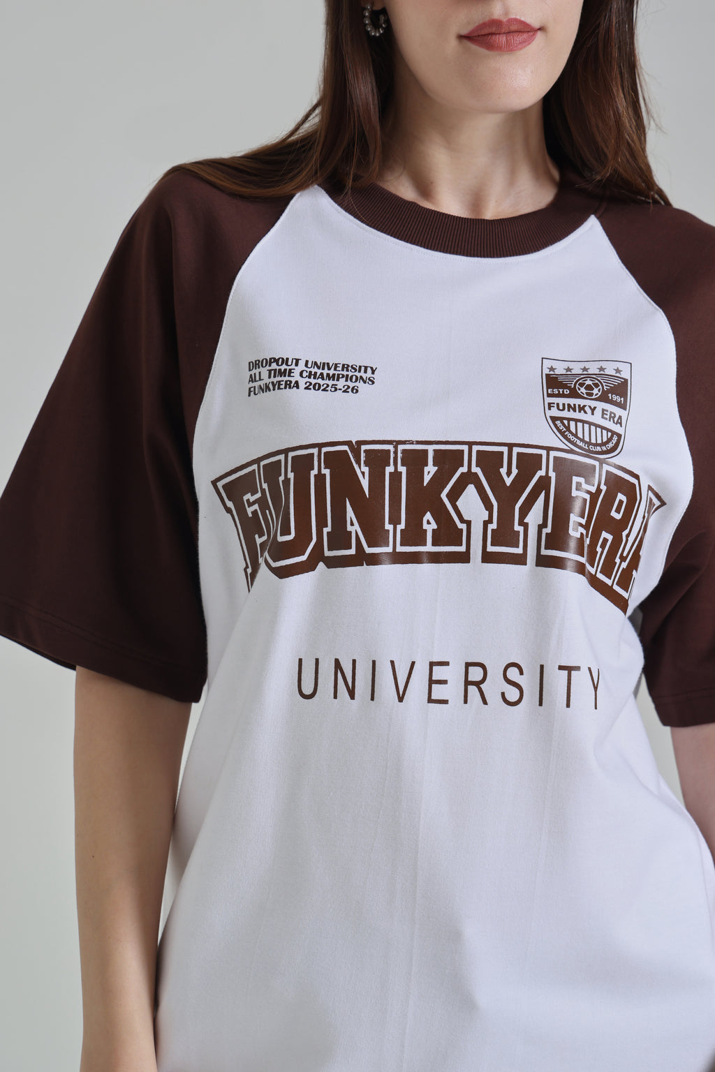 Funky Era Dropout University Coffee and White Raglan Oversized T-Shirt