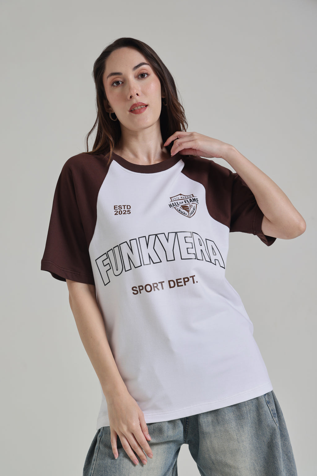 Sports Dept White and Coffee Raglan Oversized T-shirt