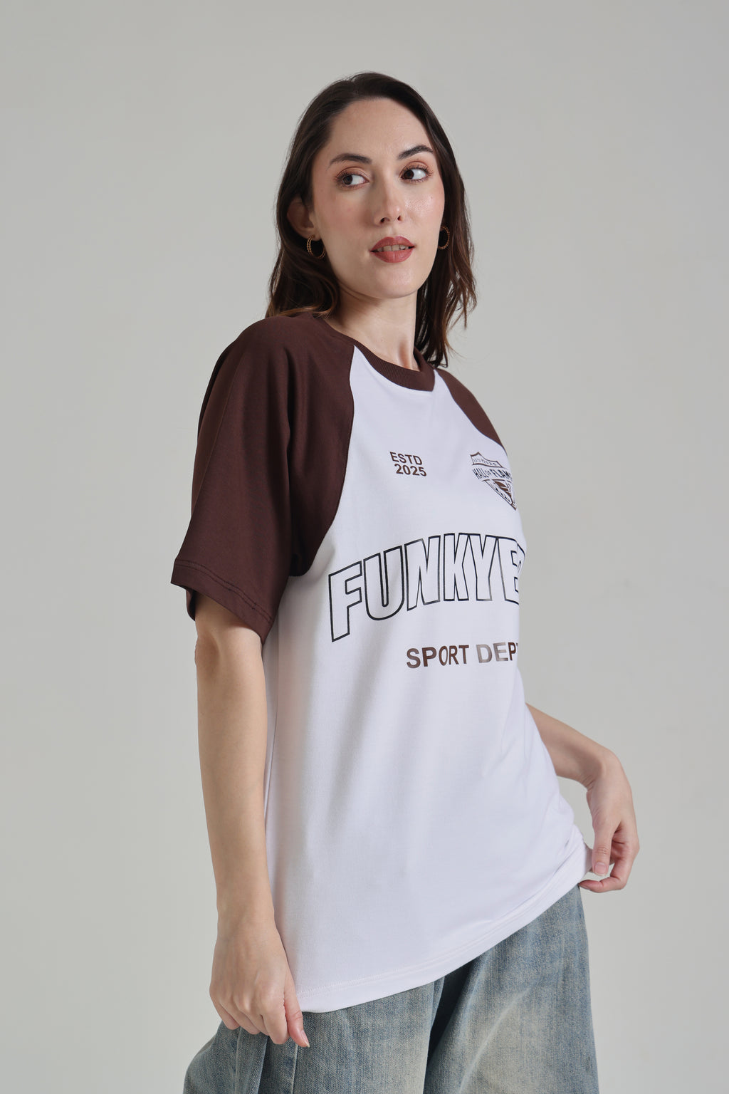 Sports Dept White and Coffee Raglan Oversized T-shirt