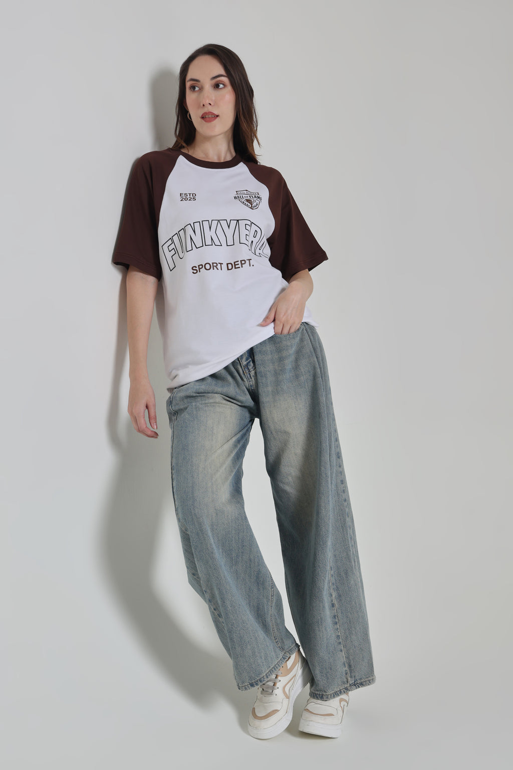 Sports Dept White and Coffee Raglan Oversized T-shirt