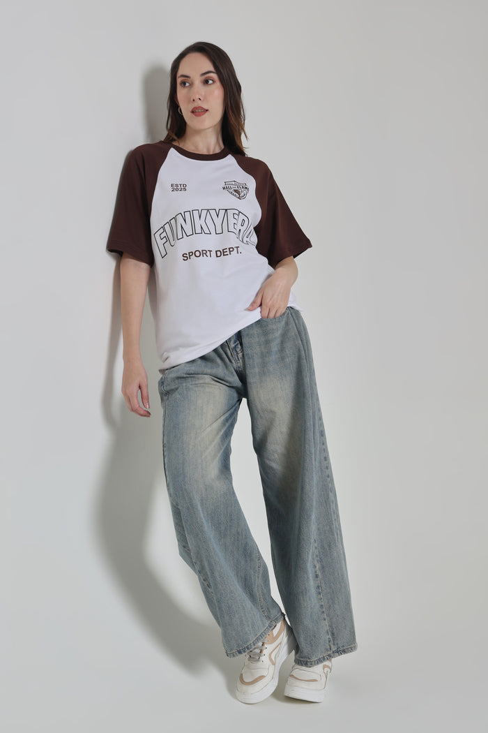 Sports Dept White and Coffee Raglan Oversized T-shirt