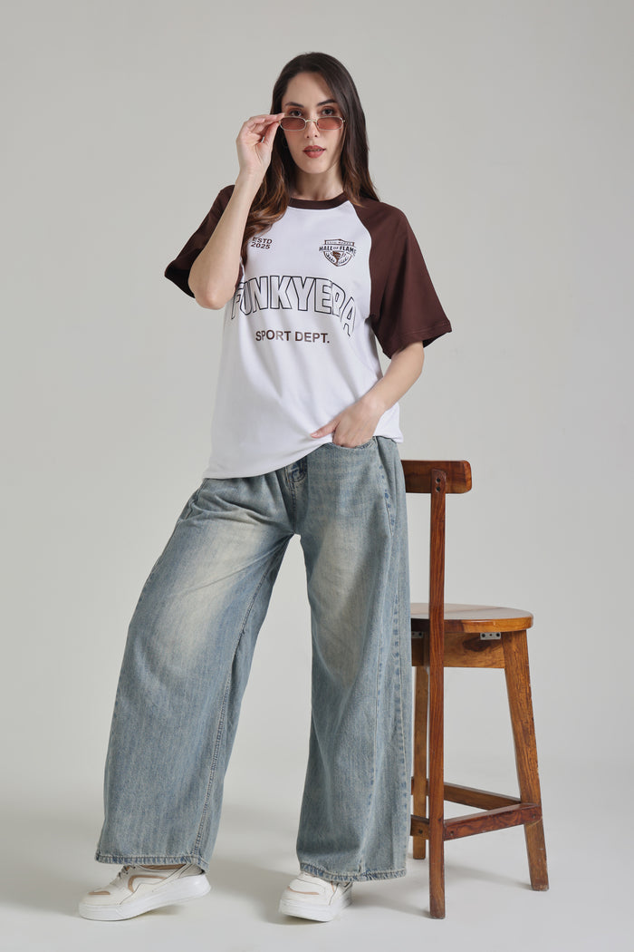 Sports Dept White and Coffee Raglan Oversized T-shirt