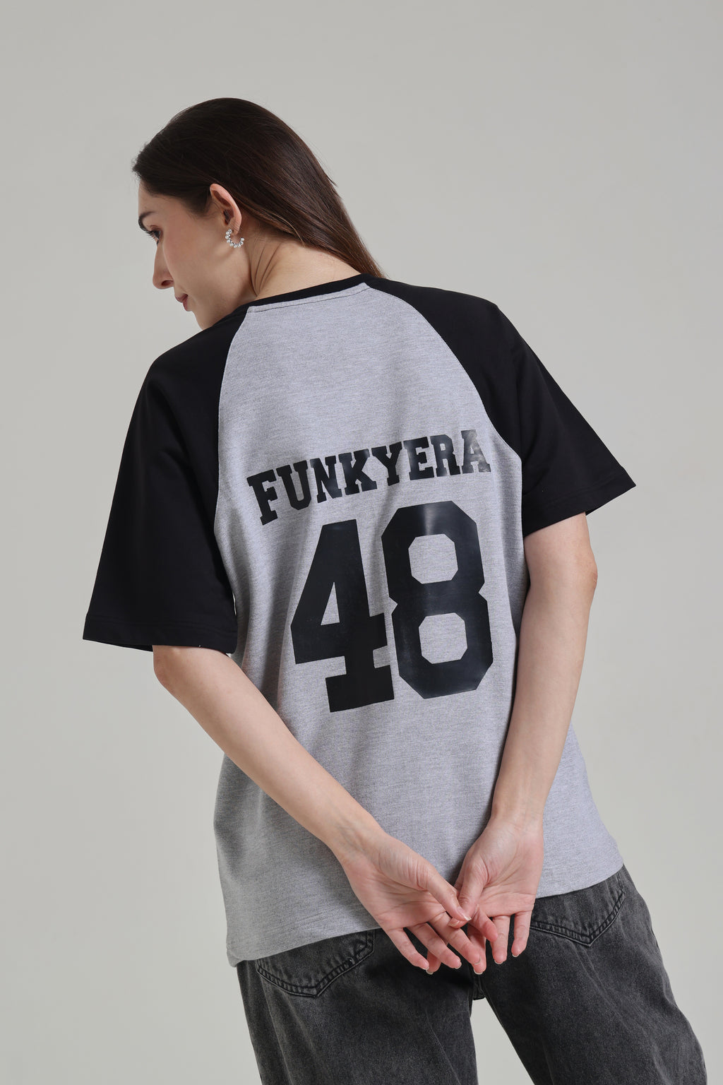 Funky Era Dropout University Black and Grey Melange Raglan Oversized T-shirt