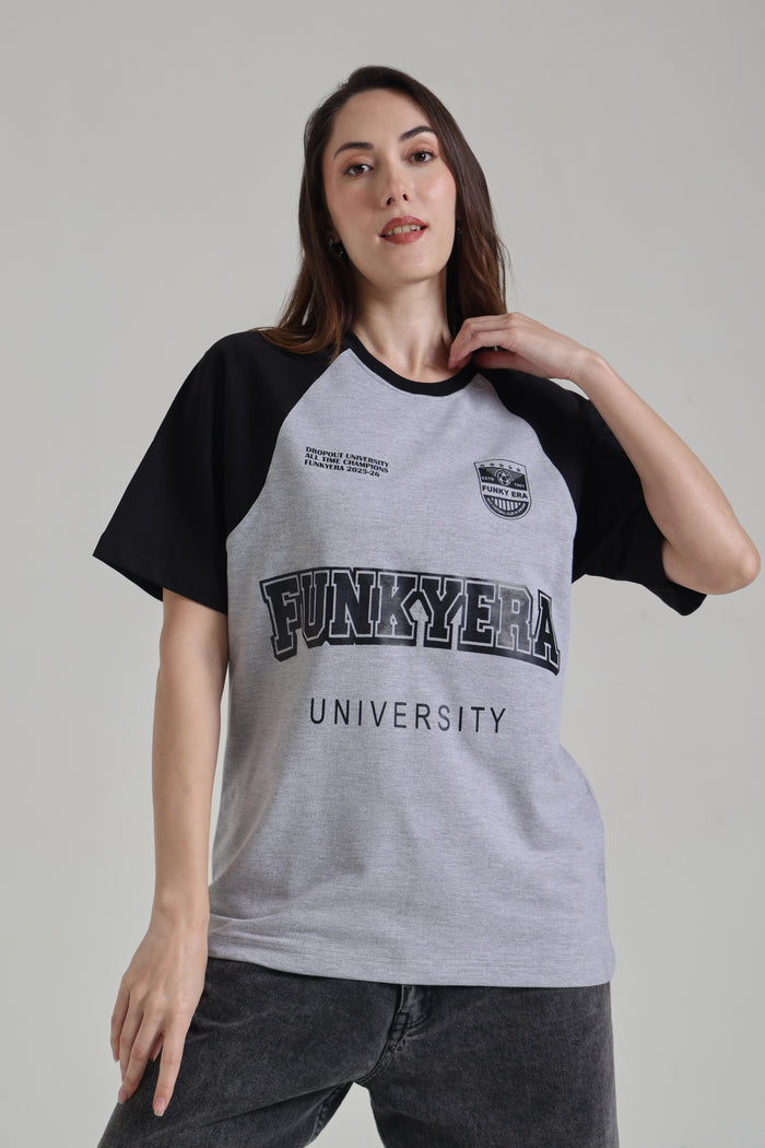 Funky Era Dropout University Black and Grey Melange Raglan Oversized T-shirt
