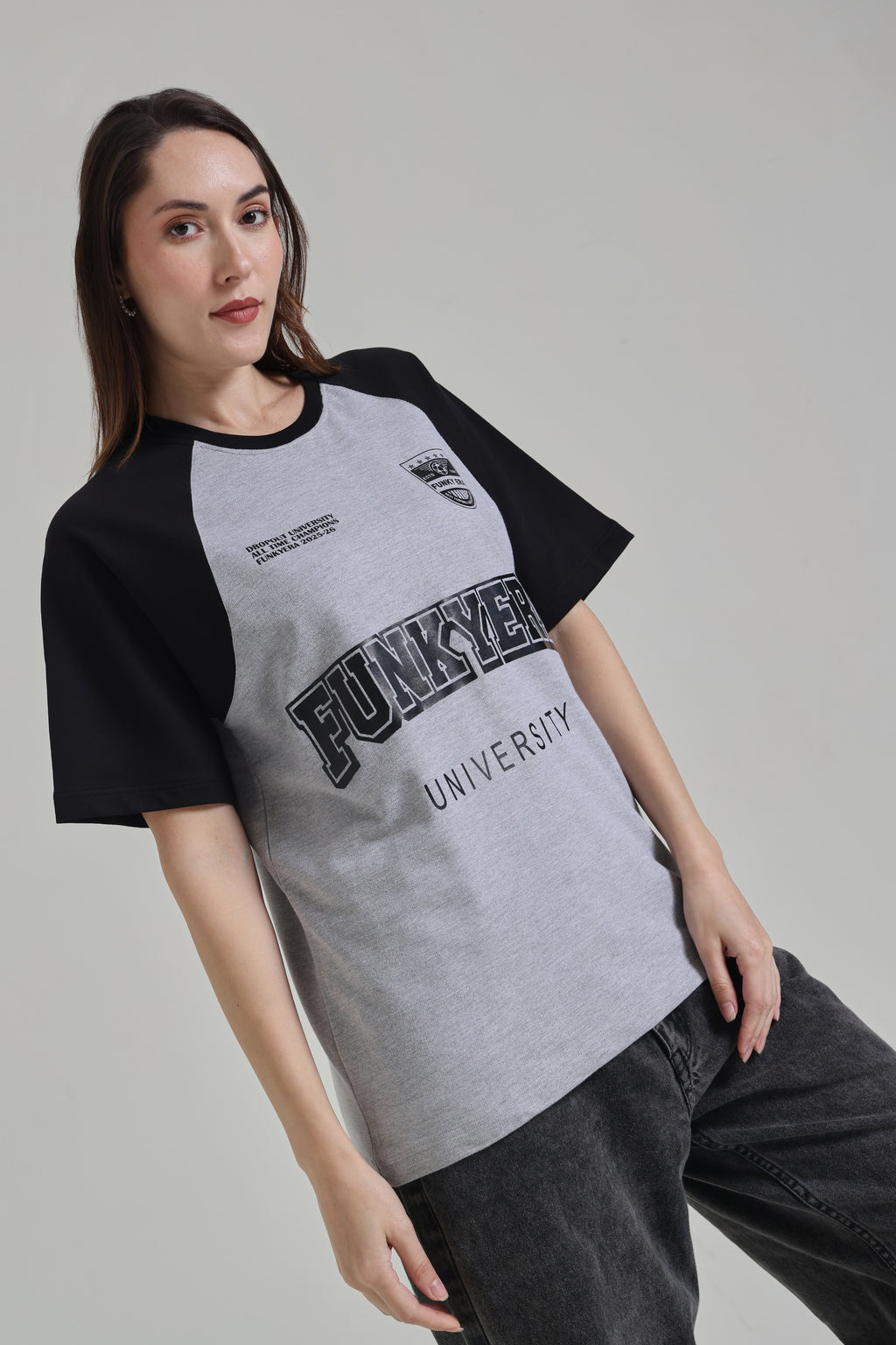 Funky Era Dropout University Black and Grey Melange Raglan Oversized T-shirt