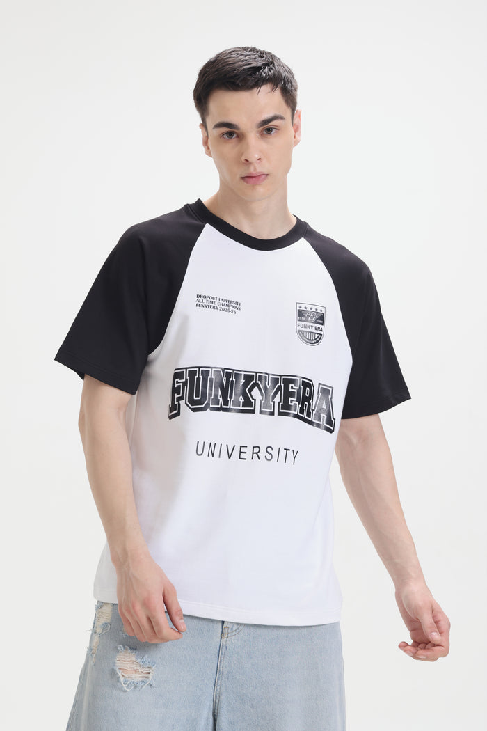 Funky Era Dropout University Black and White Raglan Oversized T-Shirt