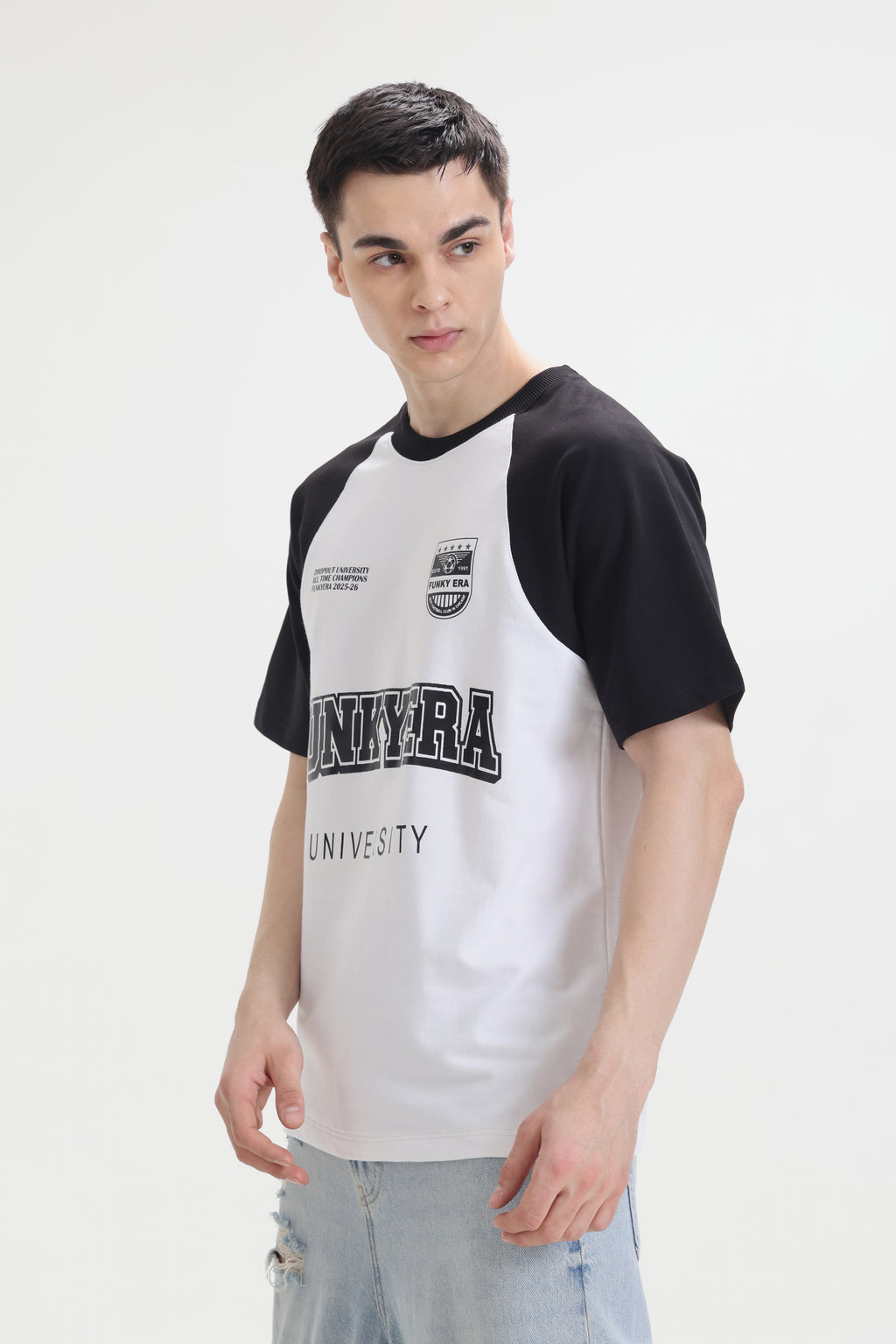 Funky Era Dropout University Black and White Raglan Oversized T-Shirt