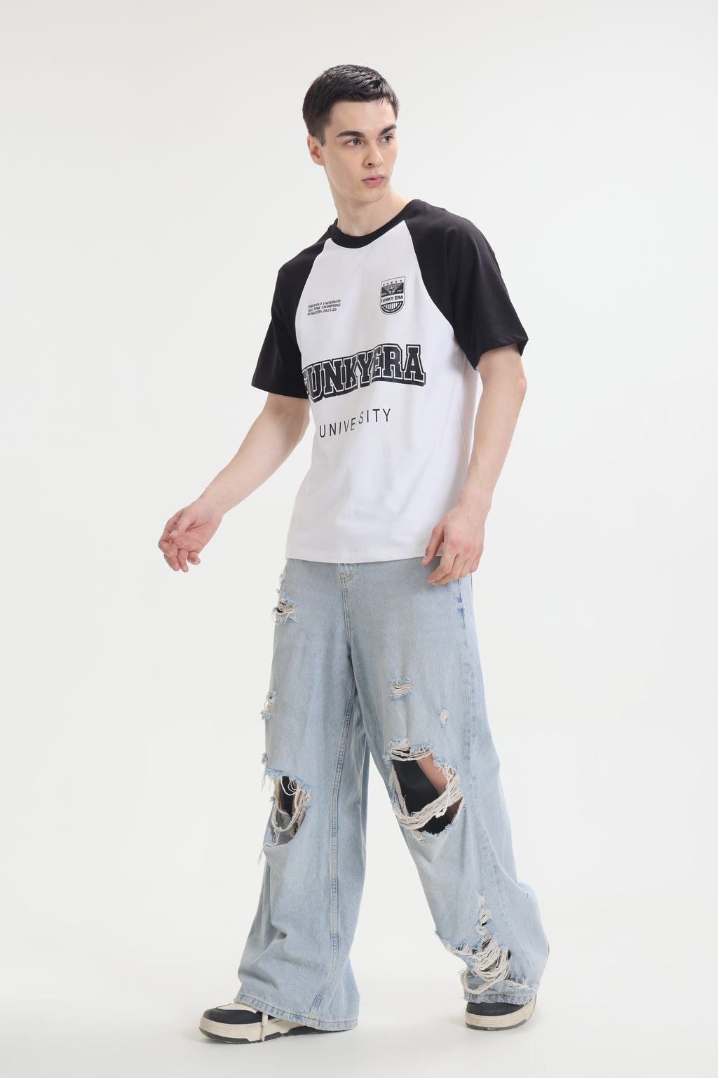 Funky Era Dropout University Black and White Raglan Oversized T-Shirt