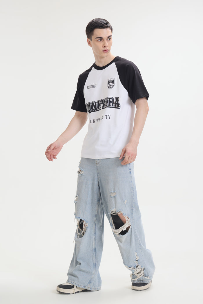 Funky Era Dropout University Black and White Raglan Oversized T-Shirt