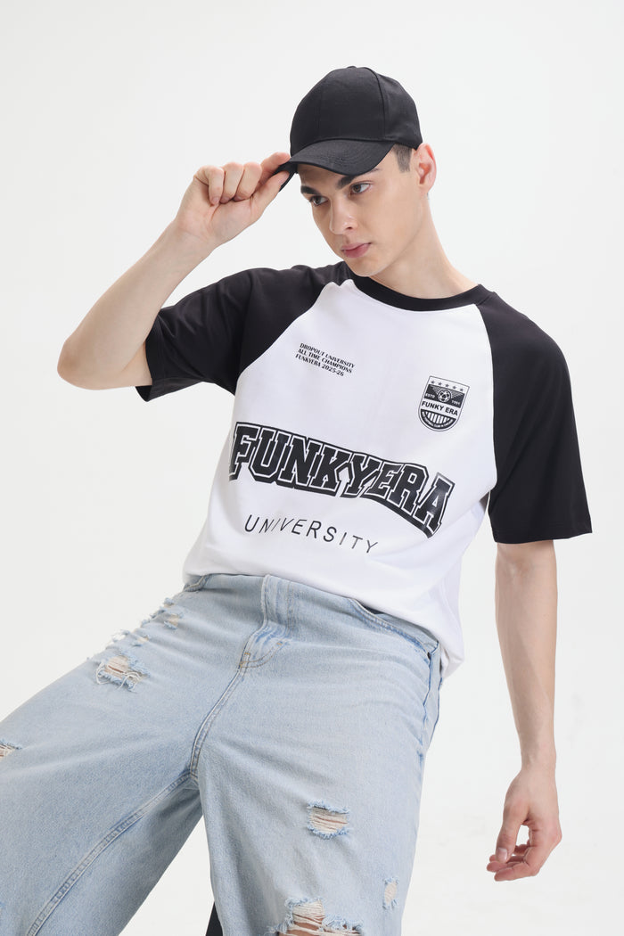 Funky Era Dropout University Black and White Raglan Oversized T-Shirt
