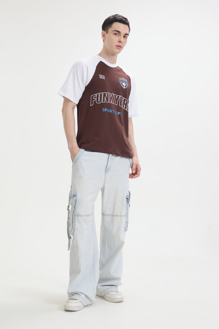 Sports Dept White and Coffee Raglan Oversized T-Shirt