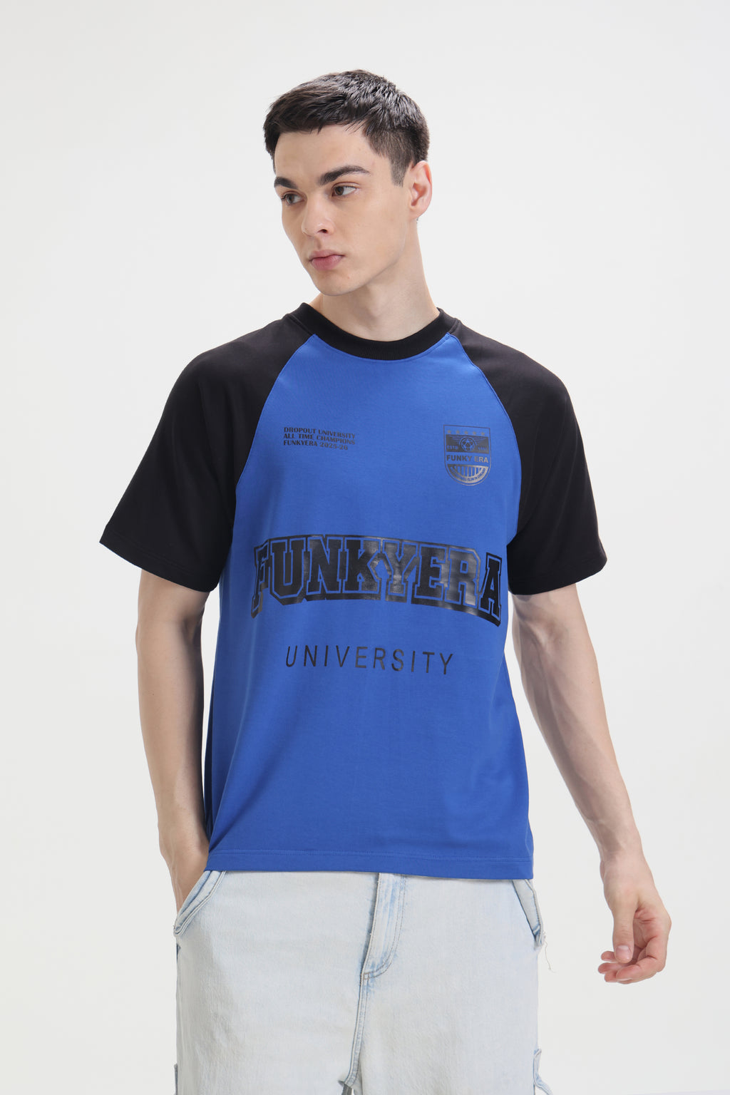 Funky Era Dropout University Black and Royal Blue Raglan Oversized T-Shirt