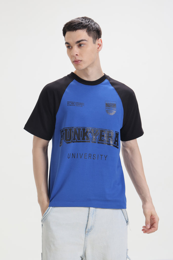 Funky Era Dropout University Black and Royal Blue Raglan Oversized T-Shirt