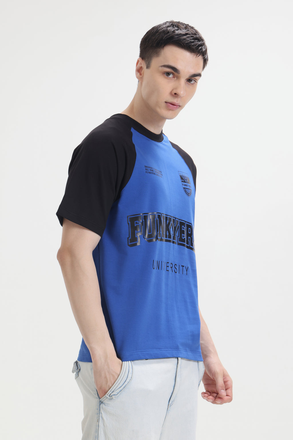Funky Era Dropout University Black and Royal Blue Raglan Oversized T-Shirt