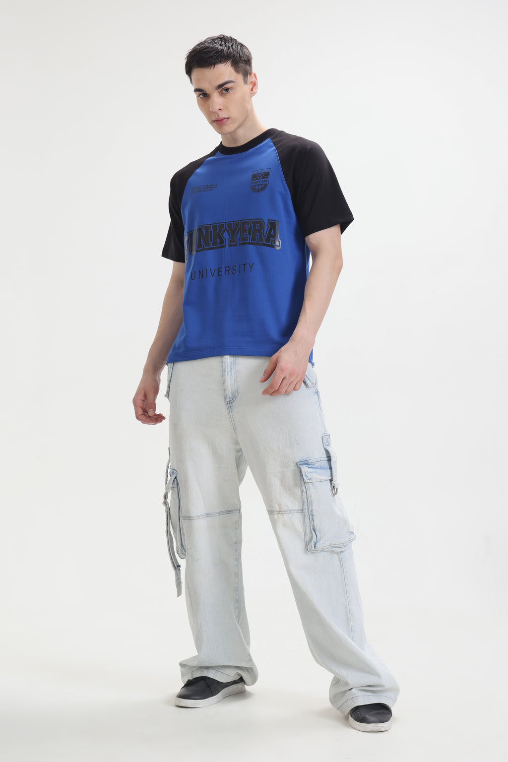 Funky Era Dropout University Black and Royal Blue Raglan Oversized T-Shirt