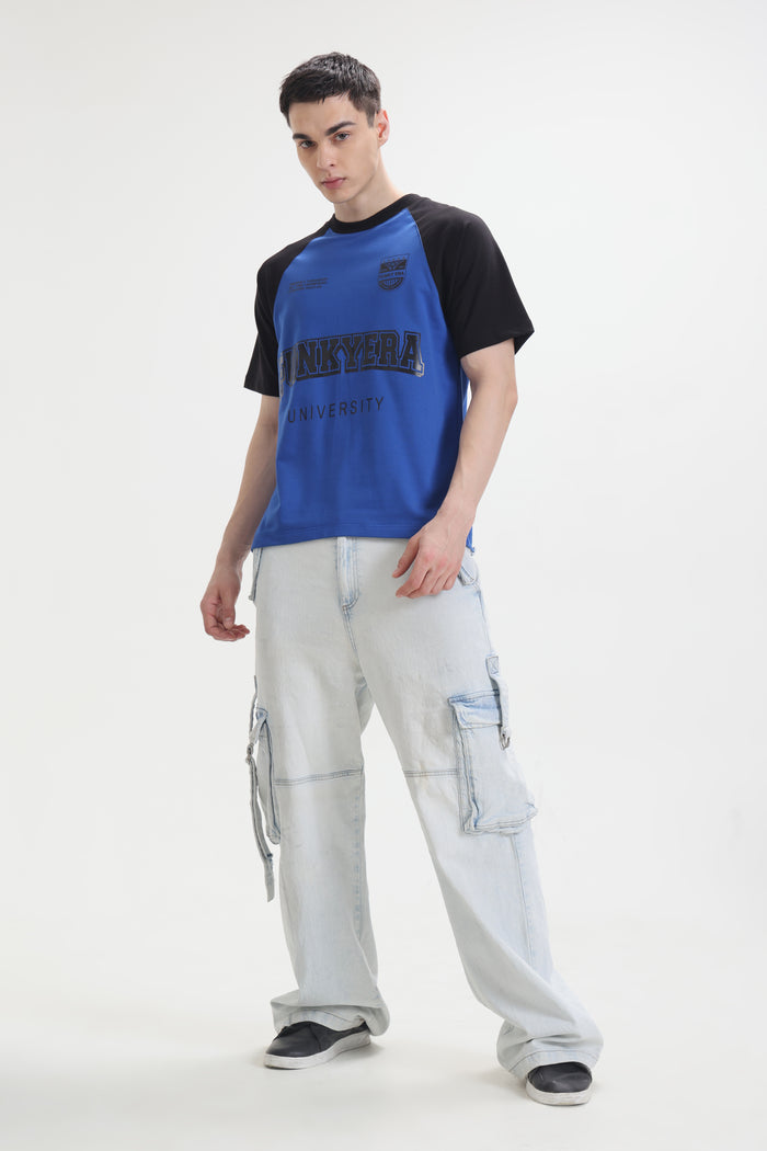 Funky Era Dropout University Black and Royal Blue Raglan Oversized T-Shirt