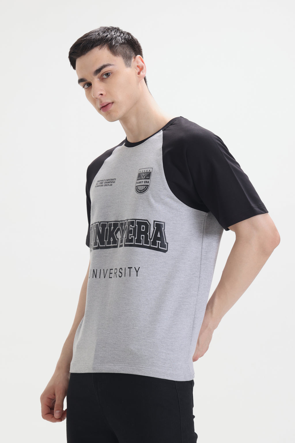 Funky Era Dropout University Black and Grey Melange Raglan Oversized T-Shirt