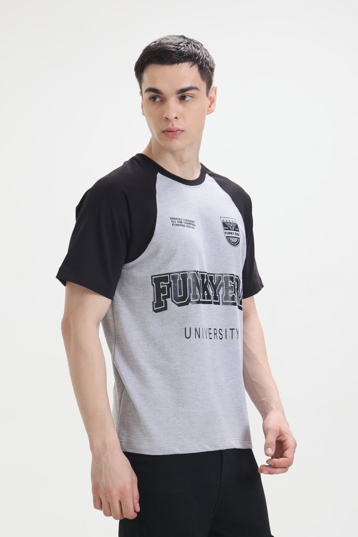 Funky Era Dropout University Black and Grey Melange Raglan Oversized T-Shirt