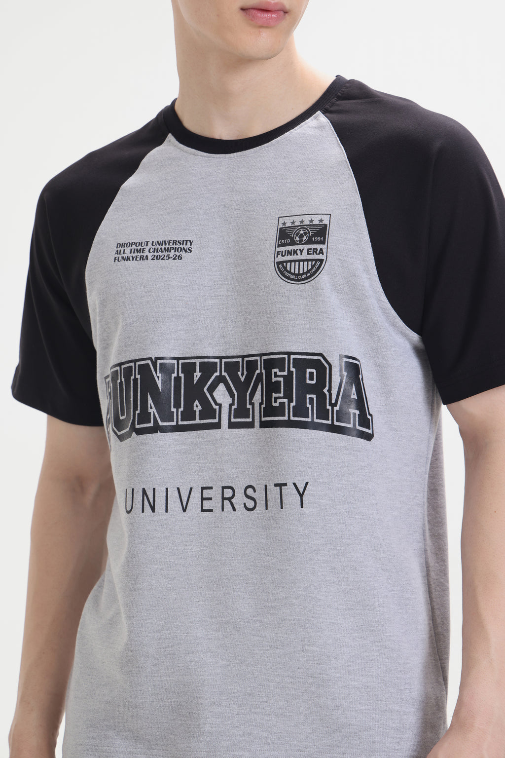 Funky Era Dropout University Black and Grey Melange Raglan Oversized T-Shirt