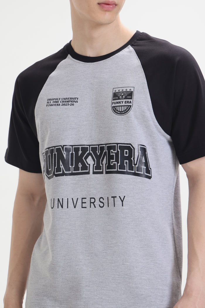 Funky Era Dropout University Black and Grey Melange Raglan Oversized T-Shirt