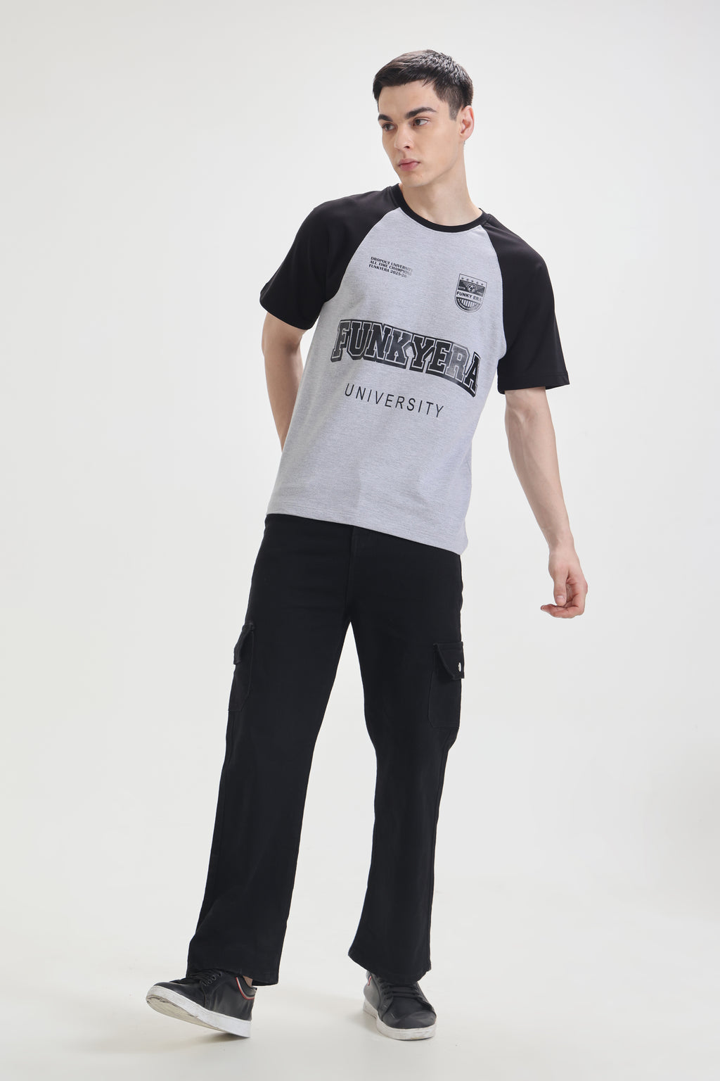 Funky Era Dropout University Black and Grey Melange Raglan Oversized T-Shirt