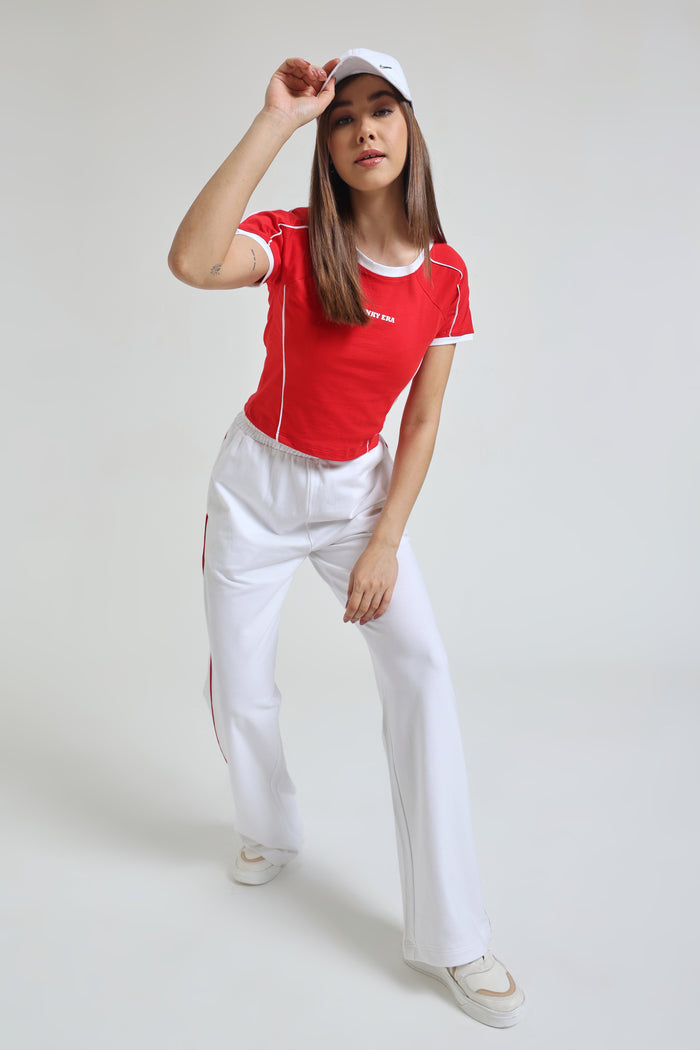 Red baby tee and white Wide-Leg Sweatpants co-ord set