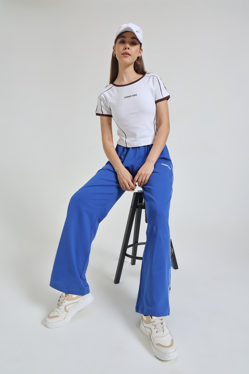 White Baby Tee and Royal Blue Wide-Leg Sweatpants co-ord set