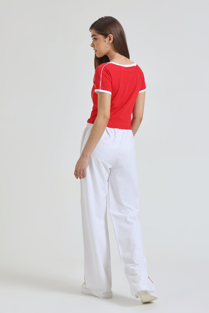 Red baby tee and white Wide-Leg Sweatpants co-ord set