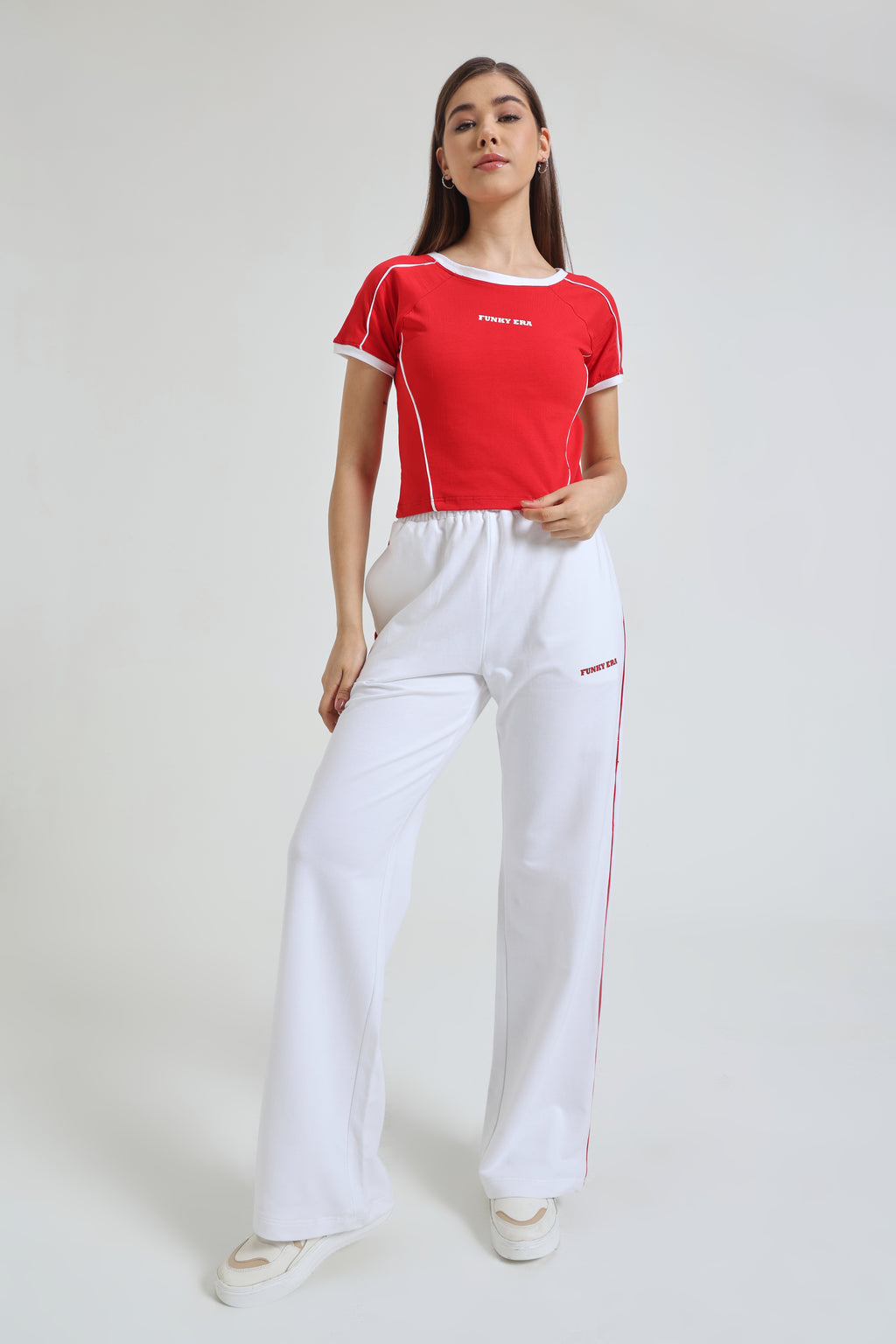 Red baby tee and white Wide-Leg Sweatpants co-ord set