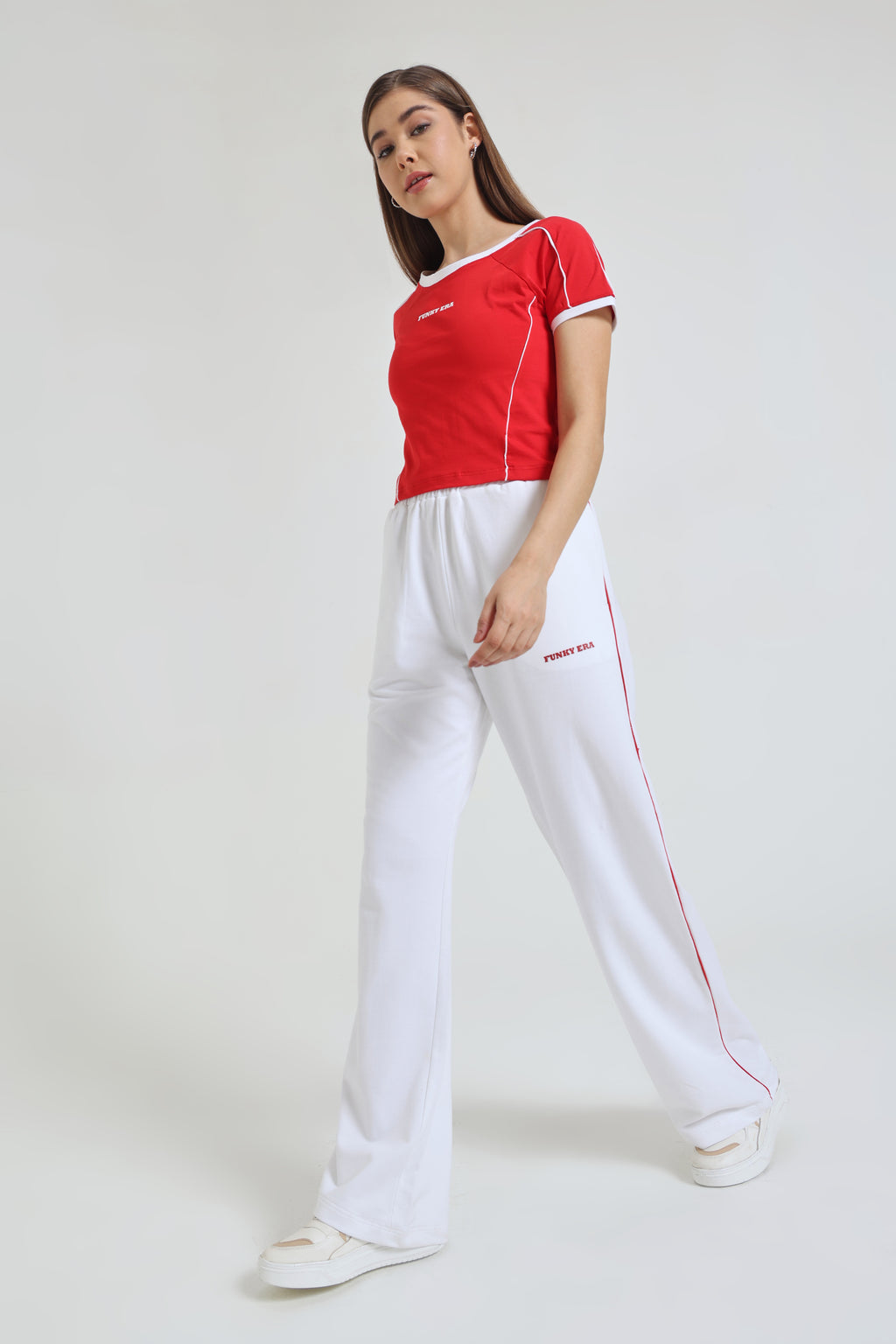 Red baby tee and white Wide-Leg Sweatpants co-ord set