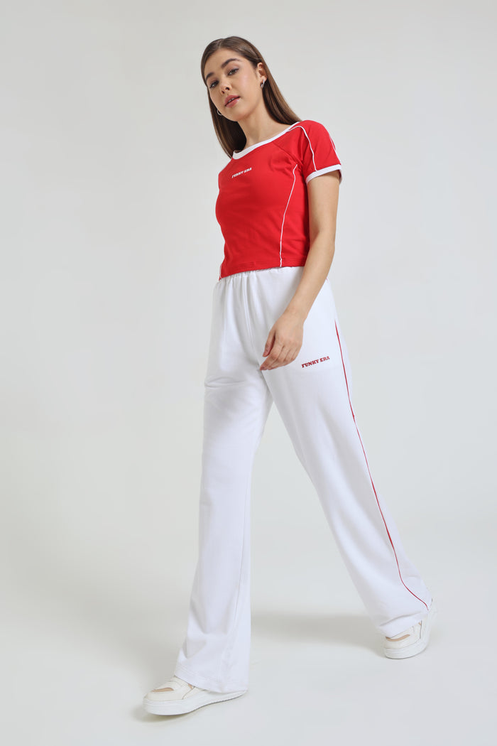 Red baby tee and white Wide-Leg Sweatpants co-ord set