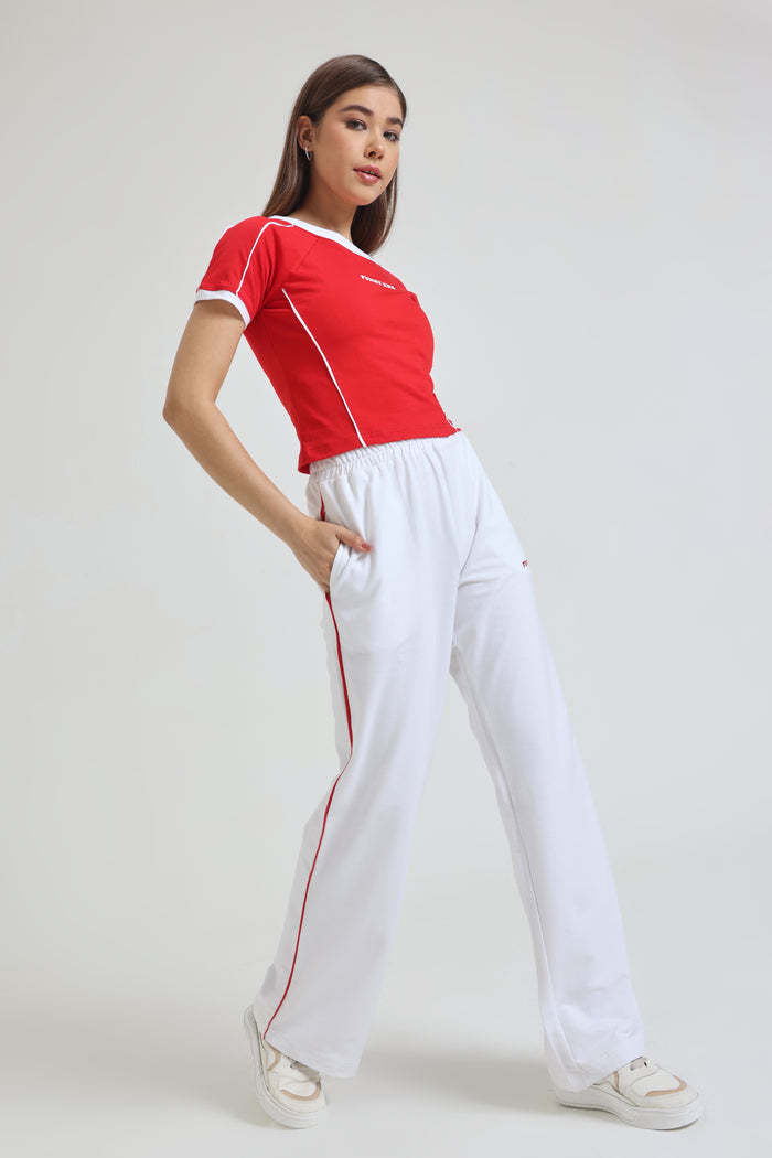 Red baby tee and white Wide-Leg Sweatpants co-ord set