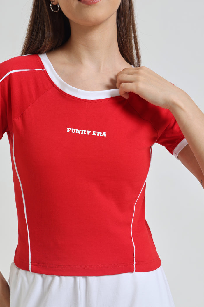 Red baby tee and white Wide-Leg Sweatpants co-ord set