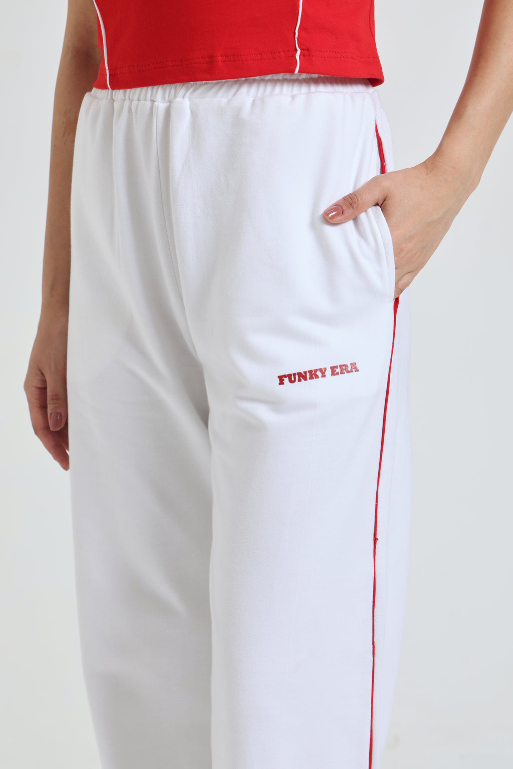 Red baby tee and white Wide-Leg Sweatpants co-ord set