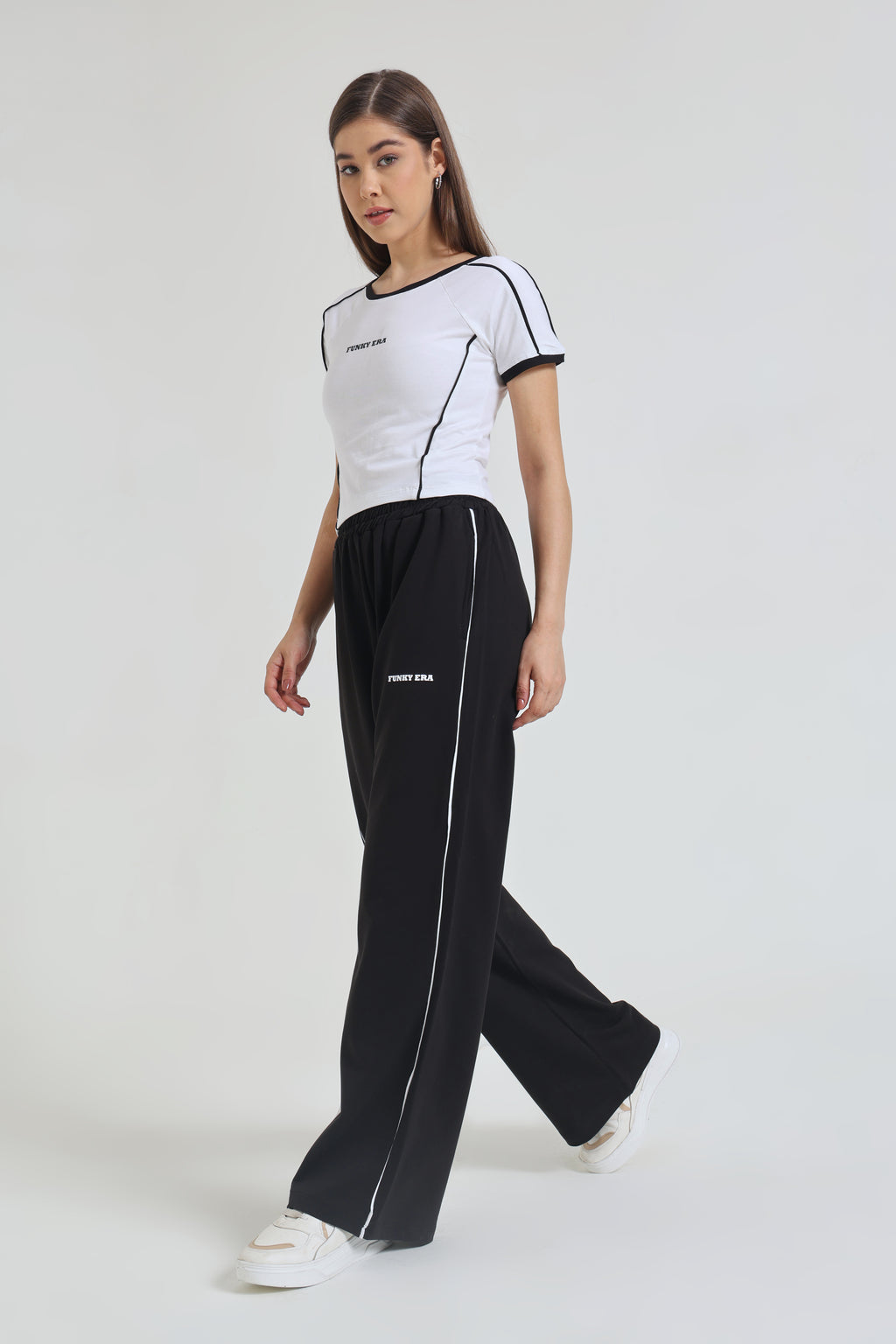 White Baby Tee and Black Wide-Leg Sweatpants Co-ord Set