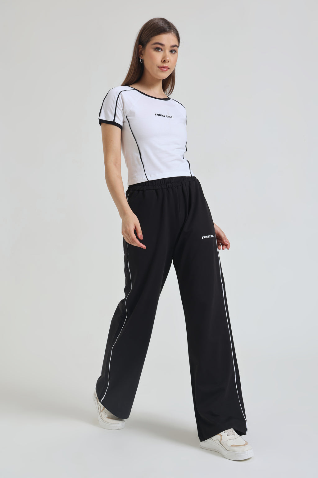 White Baby Tee and Black Wide-Leg Sweatpants Co-ord Set