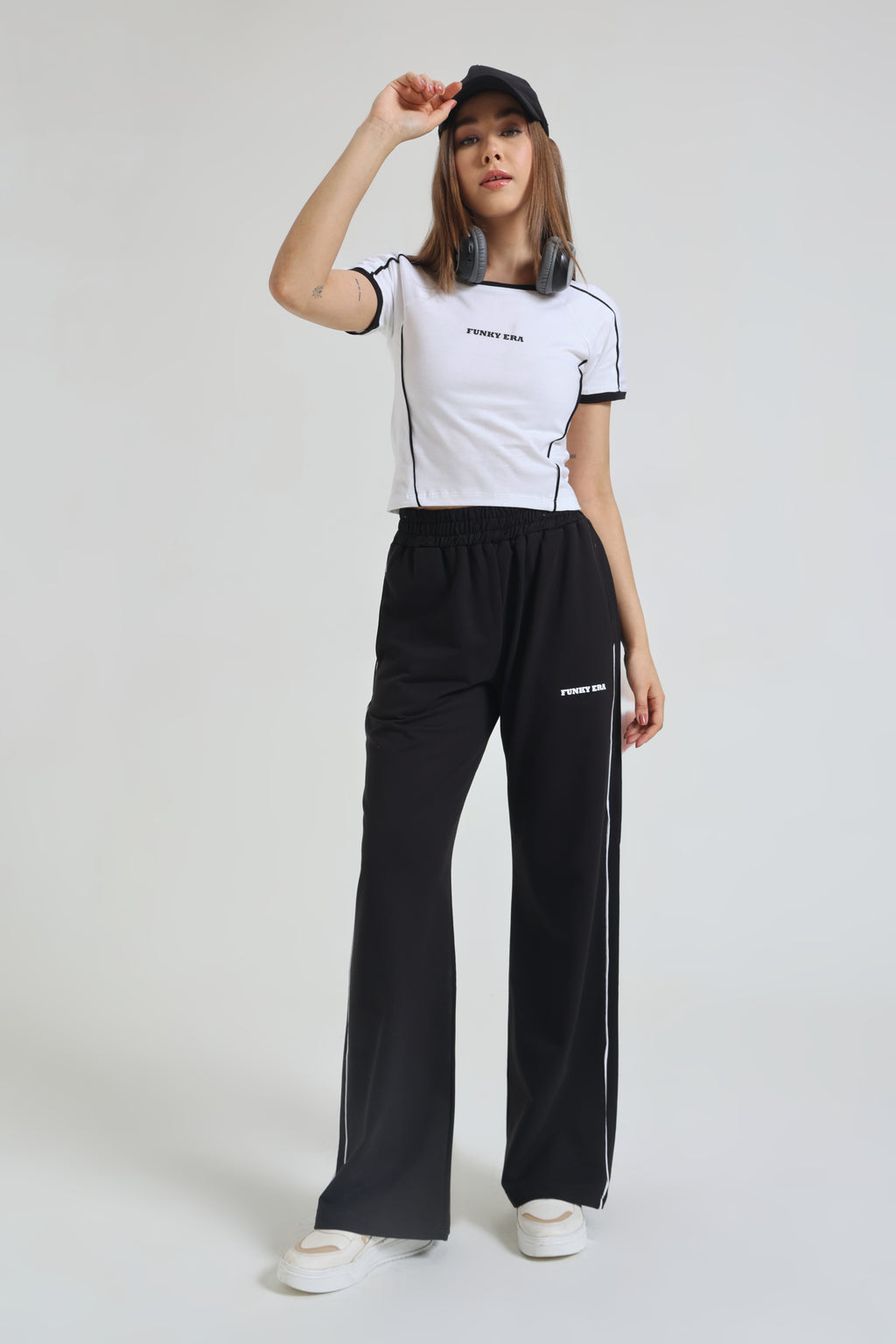 White Baby Tee and Black Wide-Leg Sweatpants Co-ord Set