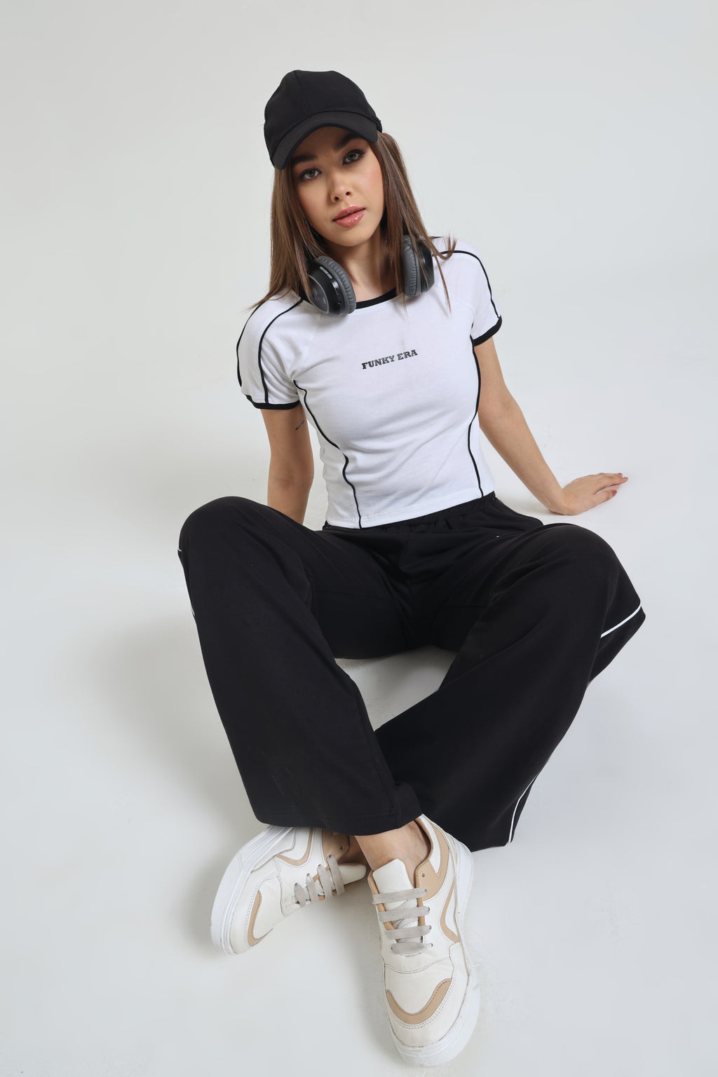 White Baby Tee and Black Wide-Leg Sweatpants Co-ord Set