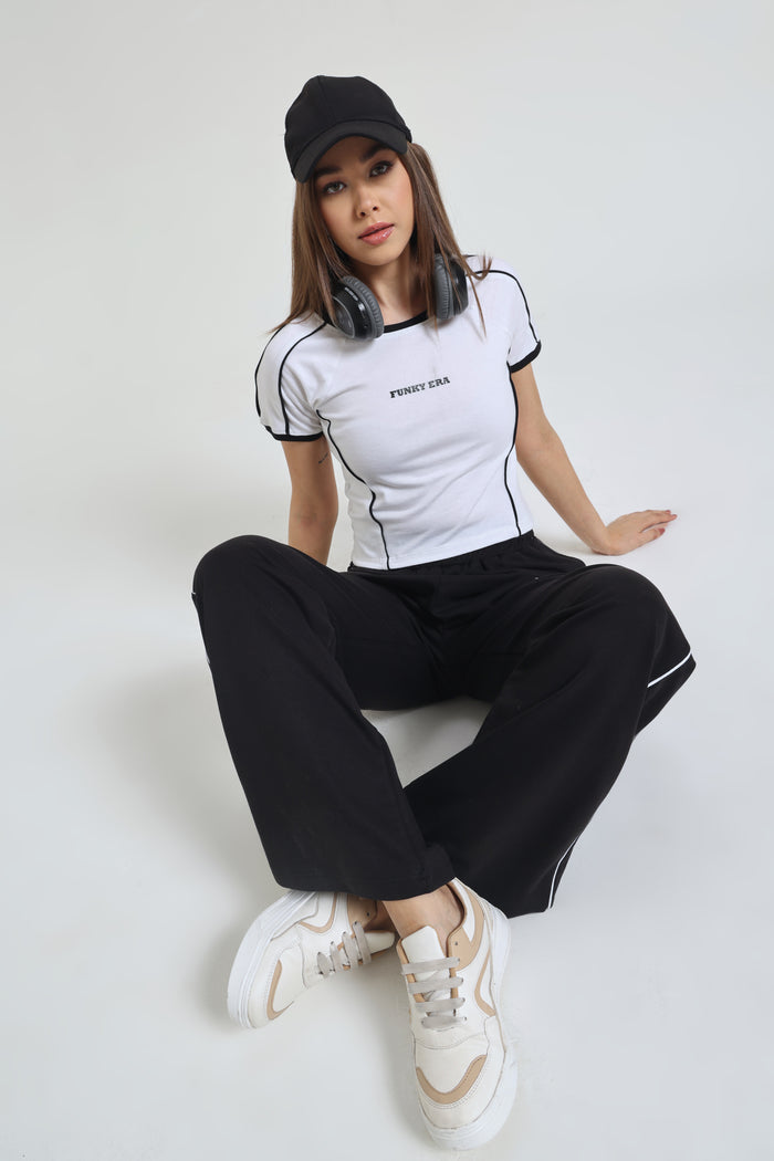 White Baby Tee and Black Wide-Leg Sweatpants Co-ord Set