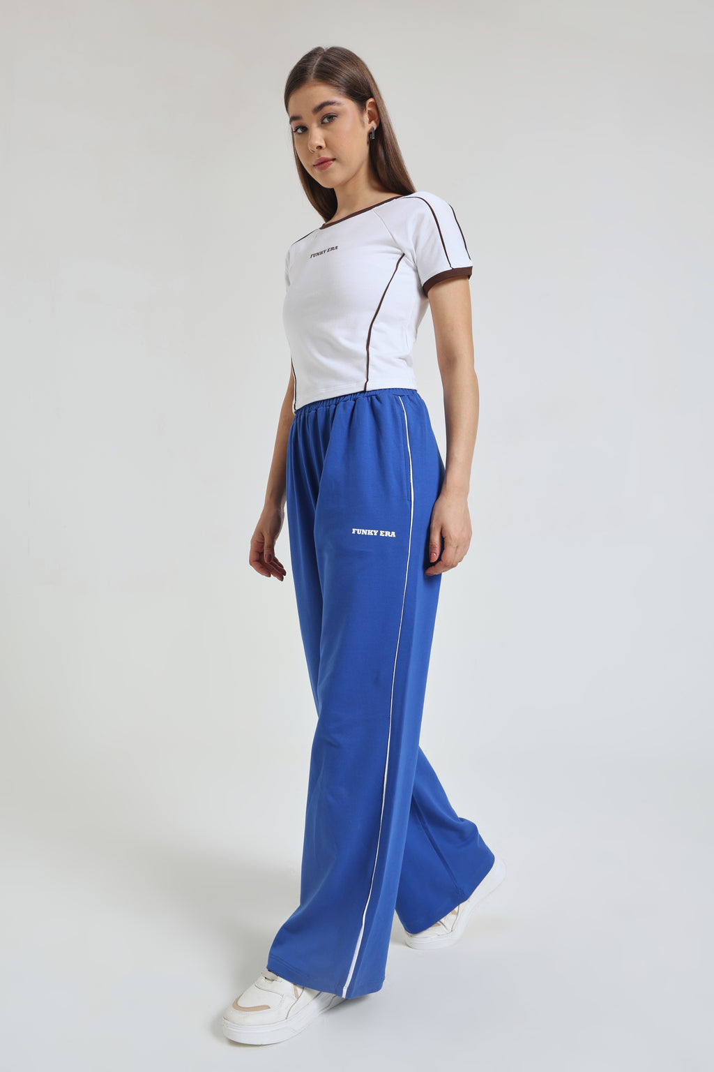 White Baby Tee and Royal Blue Wide-Leg Sweatpants co-ord set